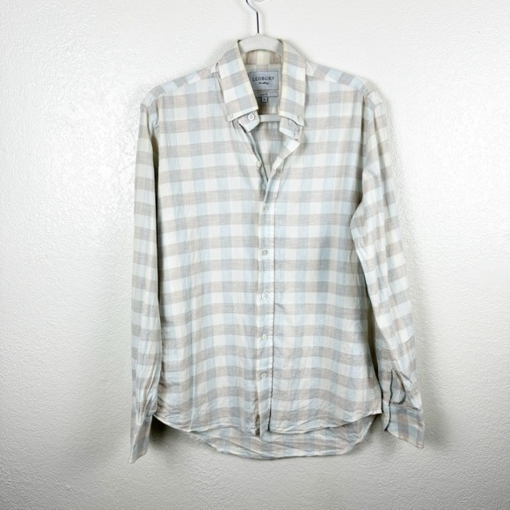 Ledbury Checker Plaid Neutral Button Up Collared Shirt Slim Fit Size Medium